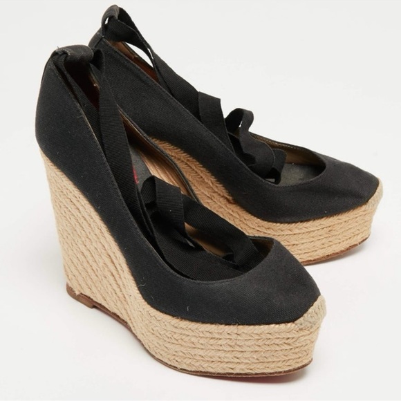 AUTHENTIC LOUBOUTIN BLACK ESPADRILLE WEDGES - Picture 2 of 12